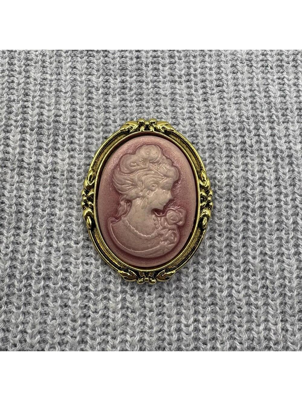 Vintage Style Cameo Brooch Pink Lady Portrait Gold Tone Oval Pin